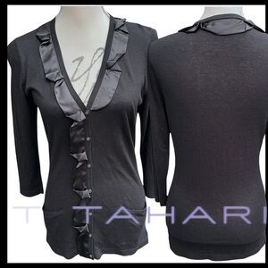 T Tahari Black Satin Ruffle Trim V-Neck Button Front Long Sleeve Top (S/M)